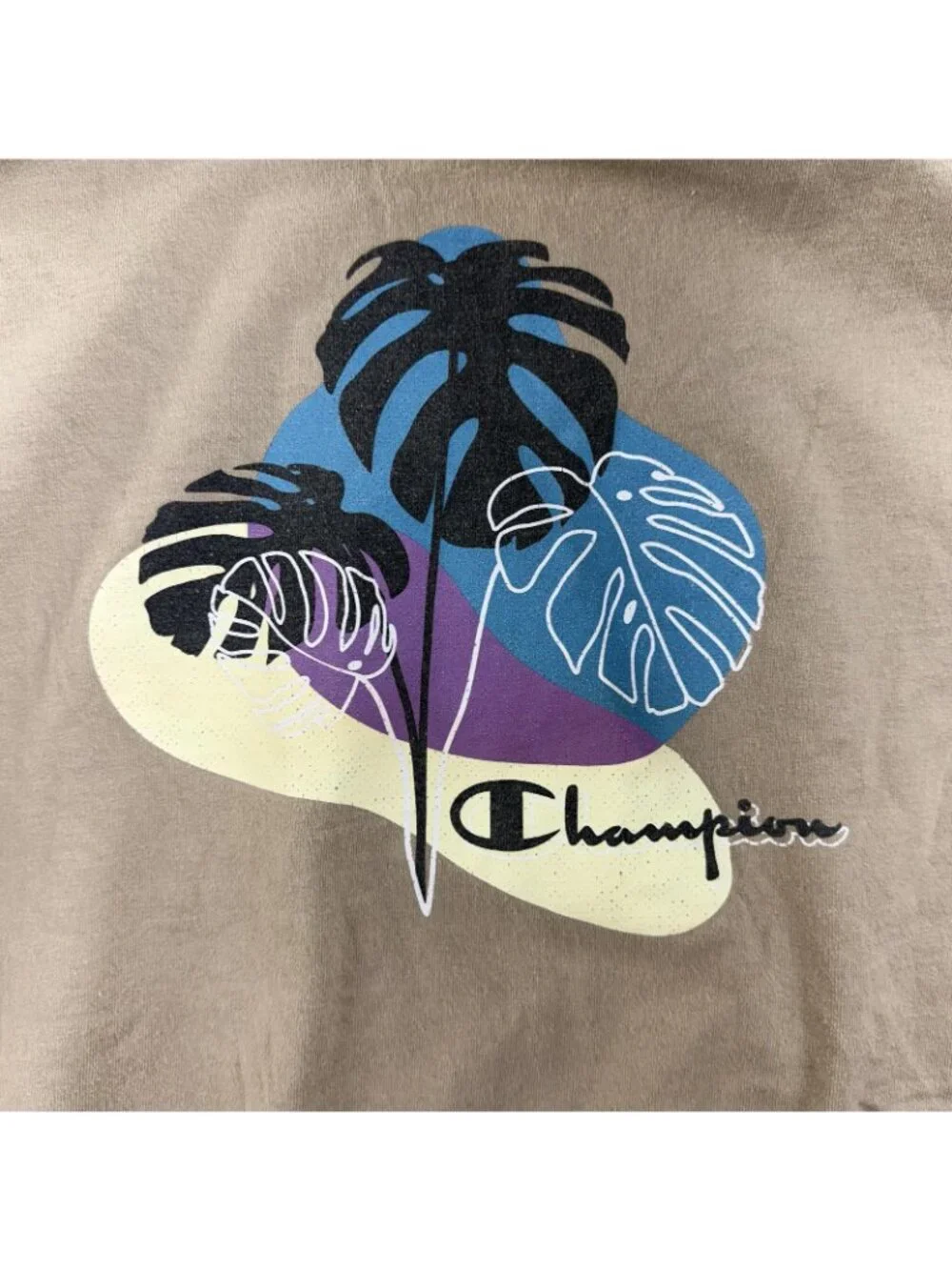 Vintage Champion Shirt Mens 2XL Beige Tropical Monstera Leaf Graphic Tee Logo - Picture 3 of 11